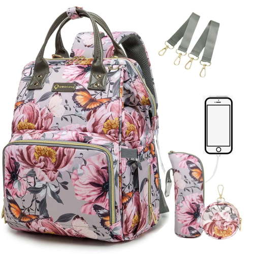 Floral Diaper Bag Backpack with Coin Bag USB Charging Port Stroller Straps and Insulated Pocket,Travel Nappy Backpack For Women/Mom (Grey Pink Flower Pattern)