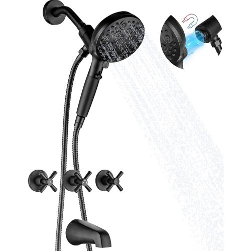 LIWEIKE Matte Black 3 Handle Tub Shower Faucet, 3 Knob Shower Tub Faucet Set with with 10 Setting with Magnetic Handheld Head Three Handle Tub and Shower Faucet Set