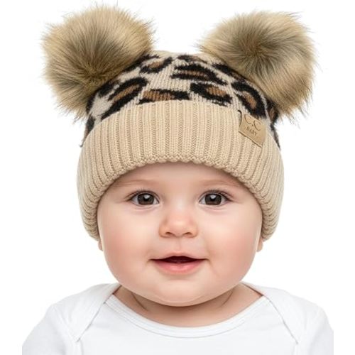 Funky Junque Double Pom Pom Baby Beanie – Newborn Girl Winter Hat 0–12 Months, Cute Cozy Knit Infant Beanies for Cold Weather