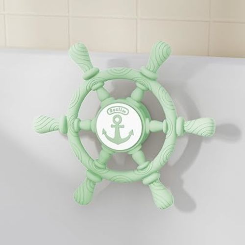 Bathtub Suction Spinner Toys - Silicone Bath & High Chair Sensory Toy for Babies & Toddlers, Novelty Spinners with Suction Cup, Car Window Travel Toys (Ship Steering Wheel Toy - Forest Green)