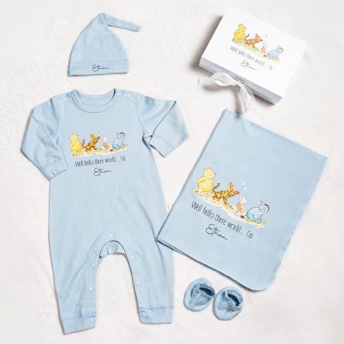 Personalized Classic Winnie the Pooh 100% Cotton Baby Romper Hat Blanket Outfit with Name and Gift Box Baby Shower Gift for Newborn New Parents - CALLIE