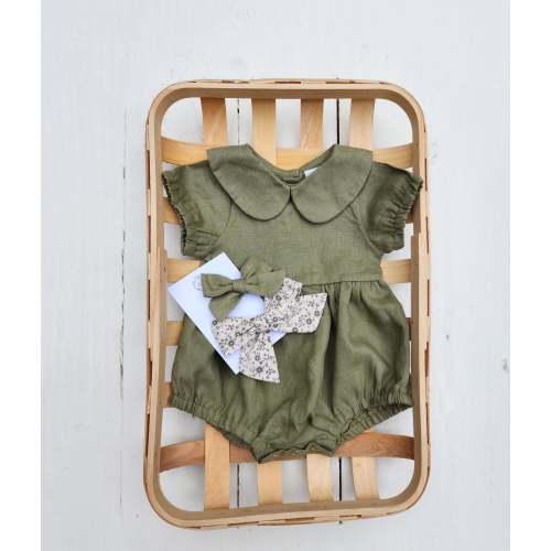 Peter Pan Collar Linen Bubble Romper + Bow | Allie – 0-3M