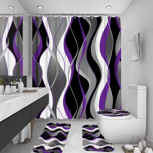 4Pcs Purple Shower Curtain Sets with Non-Slip Rugs, Toilet Lid Cover and Bath Mat, Black and Gray Bathroom Decor Set Accessories Fabric Waterproof Shower Curtains with 12 Hooks, 72 x 72 Inch