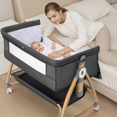 GOTGELIF 4-in-1 Baby Bassinet Crib with Adjustable Height, Bedside Sleeper, Rocking Mode & Mosquito Net