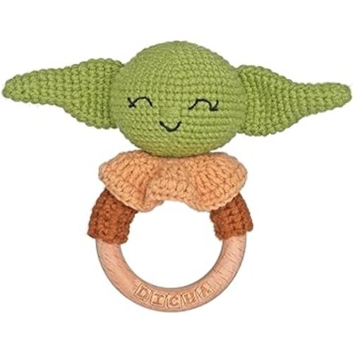 DICHA Wooden Baby Rattle-Crochet Baby Rattle- Infant Rattle Sensory Development Wooden Toys Set-Includes Beech Wooden Teething Ring- Baby Teether Green Alien Style