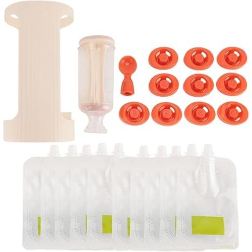 Squeeze Station for Homemade Baby Food Plastic Fruit Puree Baby Food Pouch Filling Maker with 10pcs 118ml Pouches, Dishwasher Safe (Beige White)
