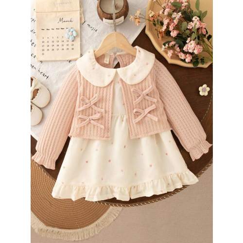 Baby Girls' Sweet Ditsy Floral Collar Bow Long Sleeve Patchwork Dress, Everyday Princess Dress For Spring & Autumn | SHEIN USA