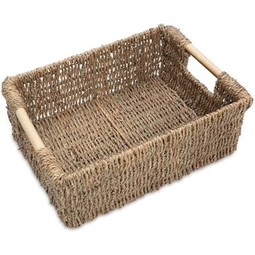 Natural Seagrass Storage Basket with Handle, Rectangular Woven Organizer Bin for Living Room or Shelf, Decorative Storage Basket, Medium Size 13.4 x 9.3 x 4.9 Inches