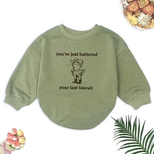 Funny Cowboy Frog Baby Romper, “You’ve Just Buttered Your Last Biscuit” Western Style Outfit