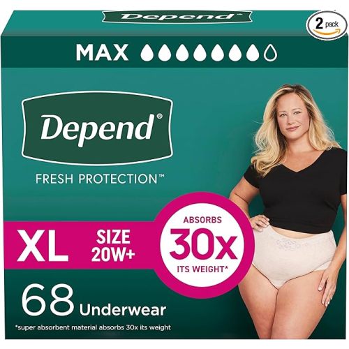Depend Fresh Protection Adult Diapers, Incontinence & Postpartum Bladder Leak Underwear for Women, Disposable, Maximum, Extra-Large, Blush, 68 Count (2 Packs of 34), Packaging May Vary