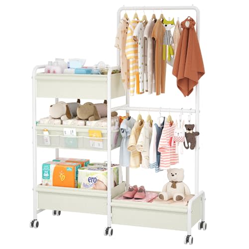 2in1 Baby Diaper Caddy & Clothes Organizer and Storage Rolling Cart, Large Capacity Nursery Organization For Baby Dresser,Changing Table, Crib, With 2 Dividers & 7 Pockets,White