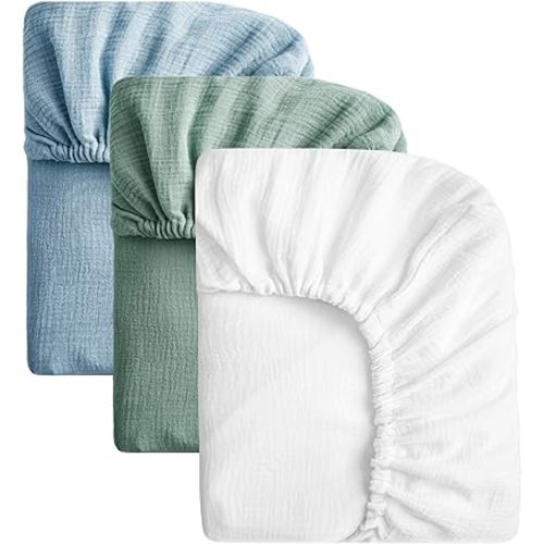 SOULFUL Muslin Crib Sheets for Boys Girls, 3 Pack Soft and Breathable Cotton Fitted Crib Sheets for Standard Crib Mattress (28"x 52", White & Blue & Green)