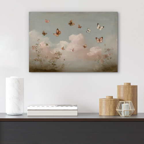 IDEA4WALL Whimsical Butterflies in Pastel Sky with Floral Landscape Print Pictures Frame Canvas Print Wall Art & Reviews | Wayfair