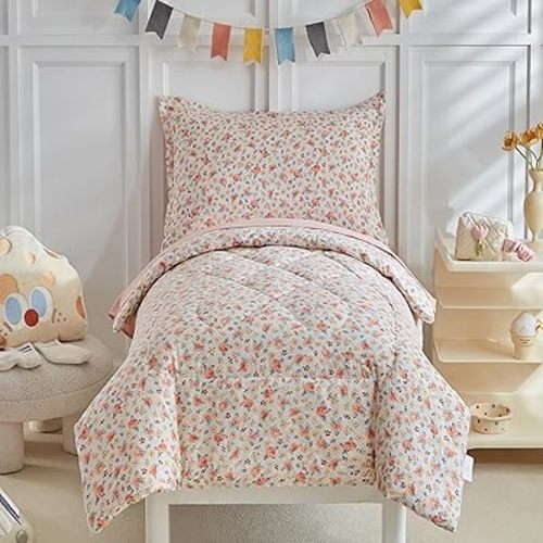 DuShow Toddler Bedding Set for Girls,4 Pieces Floral Toddler Girl Comforter Set,Super Soft Reversible Toddler Sheet Set,Lightweight Crib Bed Set -Pink