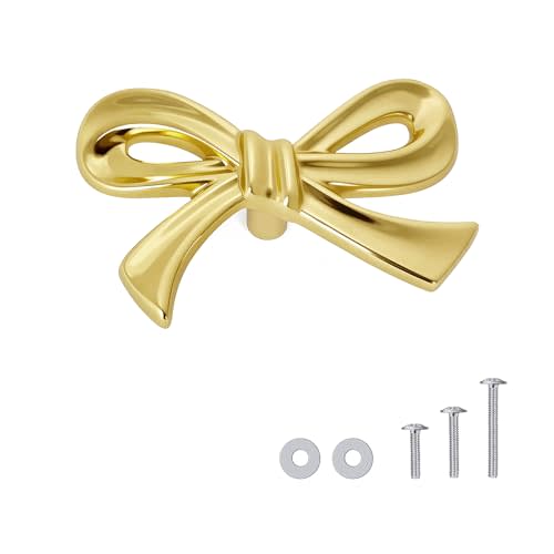 CEYMIO 8 Pack Brushed Gold Bow Dresser Knobs, Small Decorative Cabinet Drawer Pull Handles for Girls Bedroom and Nursery Room Decor