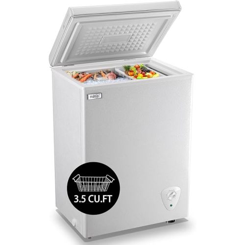 Chest Freezer Small Deep Freezer 3.5 Cu.Ft Mini Freezers Top Door Freezer Adjustable 7 Thermostat Removable Basket for Garage Basement Apartment Kitchen RV