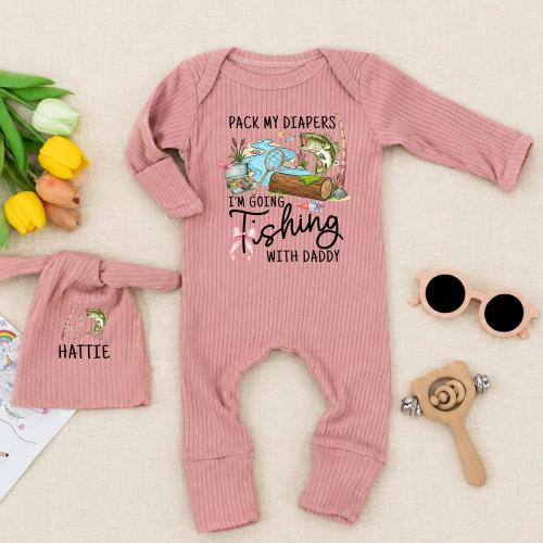 Personalized Fishing Baby Girl Bodysuit Set, Pack My Diapers I’m Going Fishing With Daddy, Custom Baby Girl Going Home Clothes
