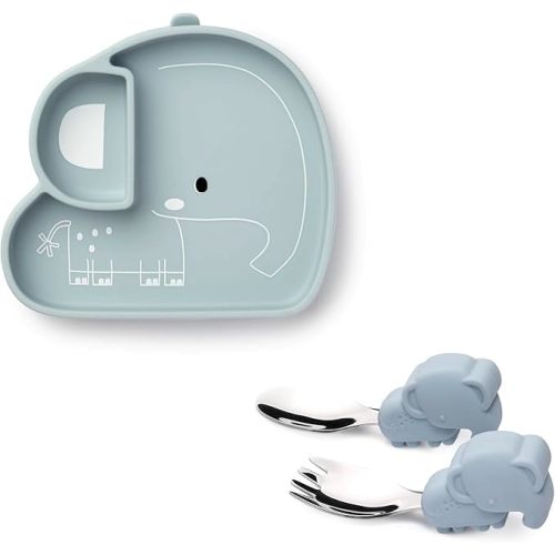 Loulou Lollipop Baby Suction Plate, Fork and Spoon Feeding Set, Elephant | Divided self-feeding plate plus chunky-grip stainless steel fork and spoon; made from food-grade silicone, BPA and PVC free