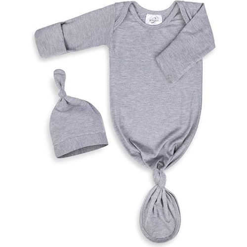 Newborn Knotted Baby Gown 0-6 Months, Super Soft Breathable Nightgowns for Babies Girl and Boy, Baby Girls Coming Home Hospital Outfit with Hat Set Grey