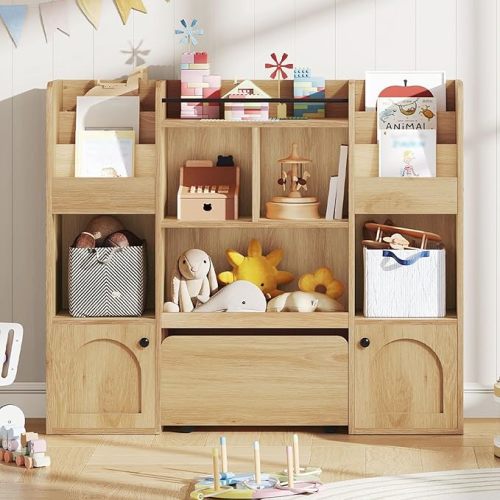 Kids Toy Storage Organizer with Movable Drawers,Toy Storage with 5 Cubbies Shelf, Toy Organizer with Hidden Wheels for Playroom, Kids Bookshelf with Storage, Nursery, Natural