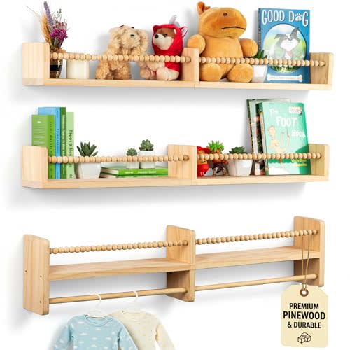 Floating Book Shelves for Nursery – Nursery Shelves for Wall with Hanging Rod – Set of 3 Wooden Wall-Mounted Shelves, Rounded Edges, Bookshelf for Kids Room Decor, 31.5" x 3.9" x 3.7