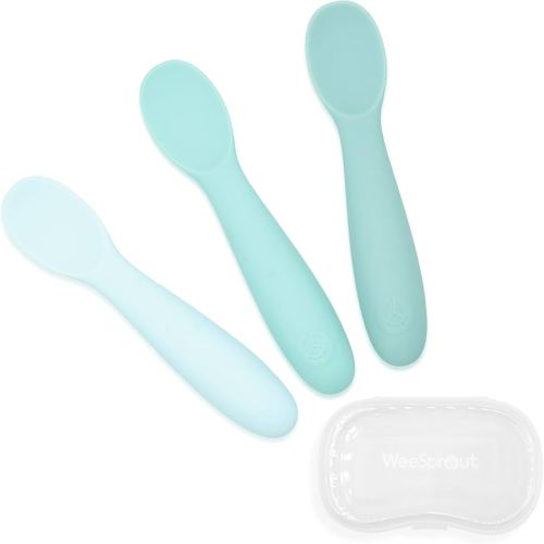 WeeSprout Baby Spoons for Self Feeding 6 Months +, Soft & Durable Silicone Utensils for Sensitive Gums & Teeth, Easy Grip Handles & Shorter Length for Little Hands, 3 Pack + Carrying Case