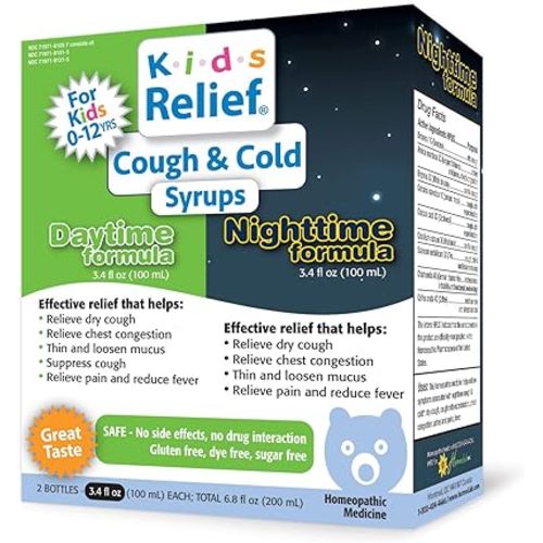 Kids Relief Cough & Cold Syrup Bundle, Daytime & Nighttime Formulas, for Kids 0-12 Yrs, Caramel Flavor, Gluten and Dye Free, No Added Sugar, 2 x 3.4 oz