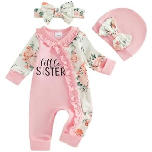 FYBITBO Newborn Baby Girl Clothes Preemie Going Home Outfit Little Sister Romper Ruffle Floral Jumpsuit with Hat Headband