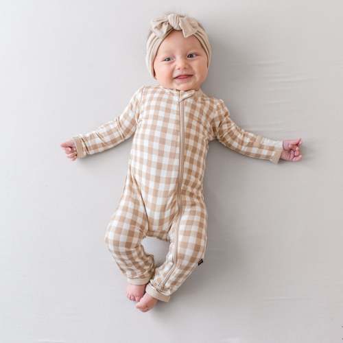 Zippered Romper in Gingham Bisque