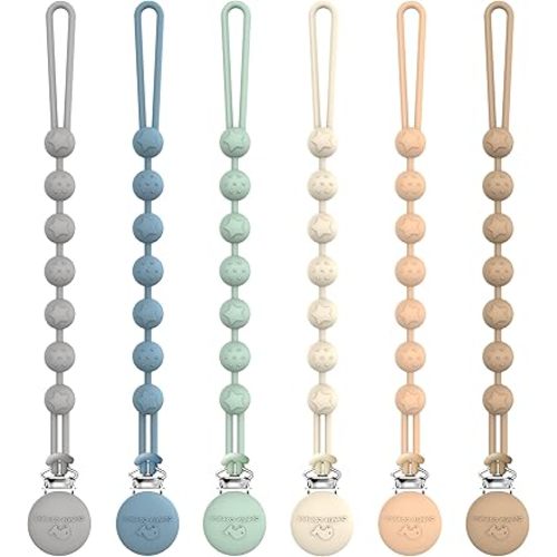 Cuddle Campus Silicone Pacifier Clip Holder with One Piece Design,Soft Flexible Binky Clips with Texture for Baby Boy and Girl Pack of 6 (0-6m)