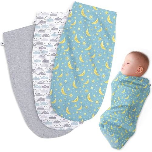Henry Hunter Baby Swaddle Sack | The Simple Swaddle | Soft Stretchy Cotton Swaddles for Newborns | Baby Swaddles 0-3 Months, Swaddle Blankets for Baby Boy, Pack of 3, Cloud | Moon | Light Heather