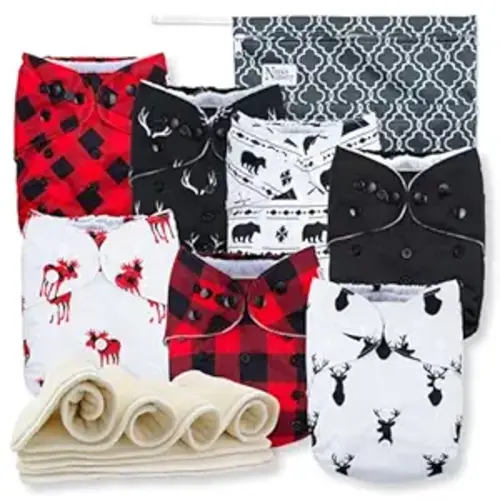 Nora's Nursery Cloth Diapers 7 Pack with 7 Inserts & 1 Wet Bag - Waterproof Cover, Washable, Reusable & One Size Adjustable Pocket Diapers for Newborns and Toddlers - Buffalo Plaid