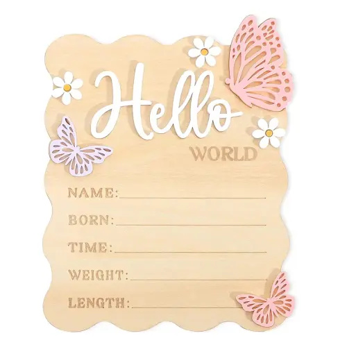 Butterfly Daisy Hello Worid Board - Little Butterfly Birth Announcement Sign, Wooden Hello World Card for Hospitals, Newborn Birth Information Record Board, Daisy Nursery Decorations Photo Props
