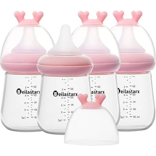 Glass Baby Bottles with Natural Response Nipple Size S - Anti Colic Baby Bottles Wide Neck Slow Flow Baby Bottle (Multicolor, 6oz (Pack of 4))