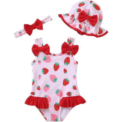 Baby Girl Swimsuit Infant One-Piece Bathing Suit Cute Summer Beach Tankini Bikini Ruffle Bow Toddler Swimwear with Hat
