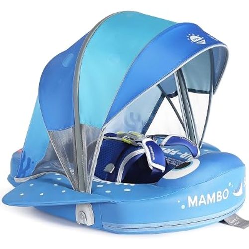 Mambobaby Float with Canopy and Tail New Upgraded Non-Inflatable Baby Pool Float Mambo Float Swim Trainer Solid Infant Swim Float Adjustable Pearl Foam Baby Swim Ring