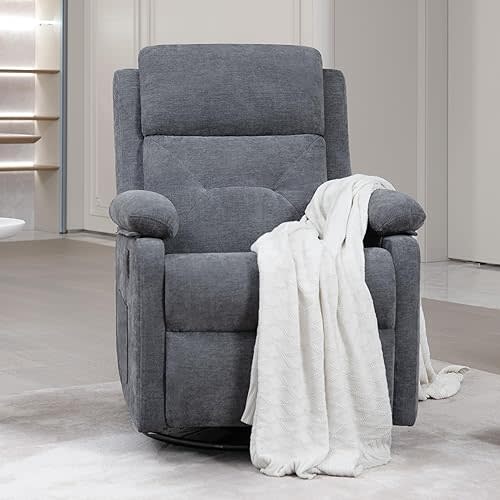 Swivel Rocker Recliner Chair with Adjustable Backrest and Footrest, Ultra-Comfy Fabric Reclining Chair, Glider Recliner with Lumbar Support & Overstuffed Arms, Chairs for Living Room (Grey)