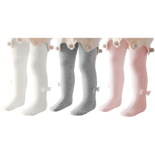 Zando Baby Girl Tights Thick Cable Knit Leggings Stockings Cotton Pantyhose for Newborn Infant Toddler White Light& Grey& Pink with Bow 1-2T