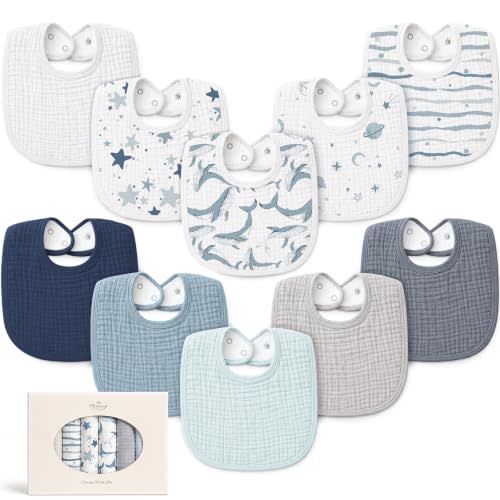 Konssy 10-Pack Muslin Baby Bibs for Drooling and Teething | Soft & Absorbent, Cotton Front with Fleece Backing, Adjustable Fit, Wash Durable, for Boys and Girls Ages 0-36 Months(Ocean)