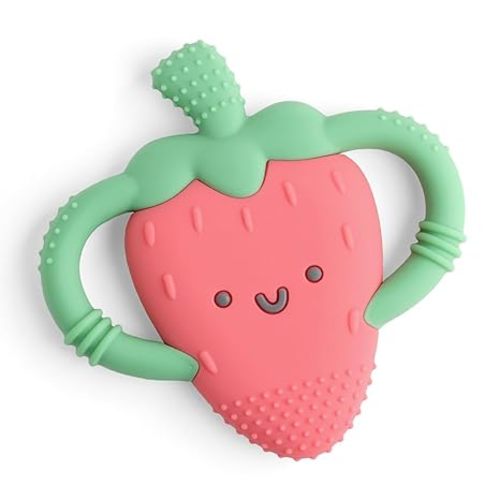 Itzy Ritzy Strawberry-Shaped Baby Teether with Handles – Silicone Teether for Babies with Easy-Grab Handles and Textured, Teethable Surfaces – Baby Teething Toy for 3 Months & Up (Strawberry)