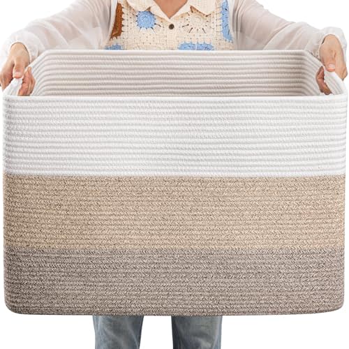 OIAHOMY 108L Large Cotton Rope Basket, Rectangle Woven Baskets for Storage, Nursery Blanket Storage Living Room, Toy Basket With Handle-25”x16”x16”-Gradient Yellow