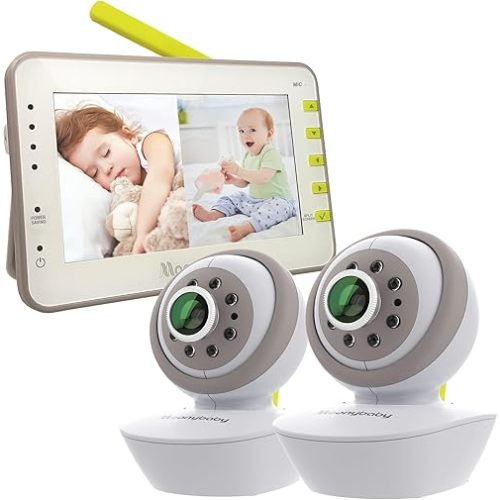 Moonybaby Baby Monitor Long Range No WiFi, Dual PTZ Cameras with Split Screen, Baby Room Temperature Display, Auto Night Vision, 2 Way Audio, Lullaby