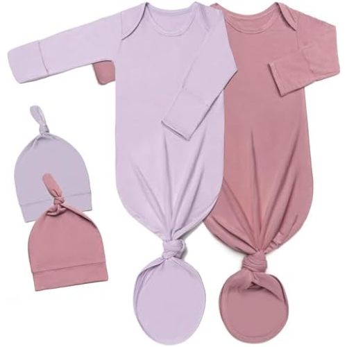 2Pk Newborn Knotted Gown Set, Soft Baby Sleep Sack & Hat, Boys Girls Clothes, Easy Diaper Change Baby Gift