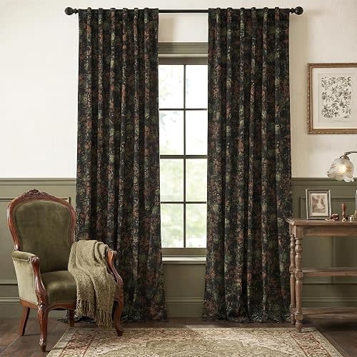 Black Velvet Curtains 84 inches Long Vintage Floral Drapes 2 Panels
