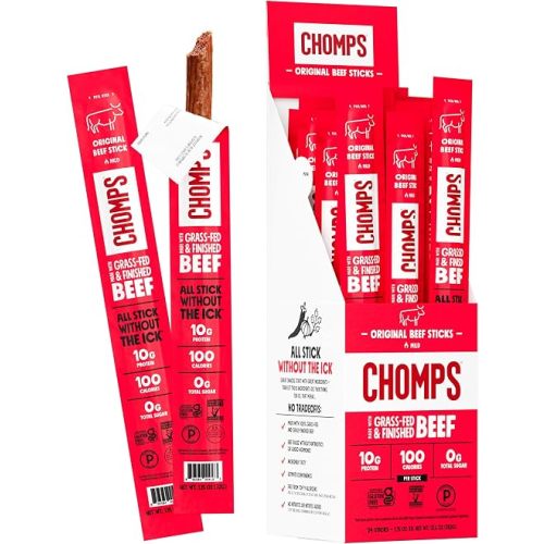 Chomps Grass-Fed and Finished Original Beef Jerky Snack Sticks 24-Pack, Keto, Paleo, Whole30, 10g Protein, Gluten-Free
