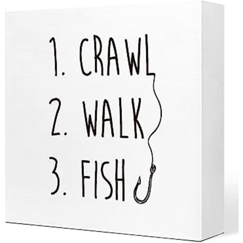 Crawl Walk Fish Rustic Wooden Sign Desk Decor,Funny Baby Fishing Wood Block Sign Desk Decorations for Home Bedroom Baby Room Desk Shelf Table Decor