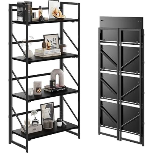 JSB No Assembly Folding Bookshelf, 4 Tier Industrial Metal Book Shelf for Storage, Vintage Wood Foldable Bookcase for Living Room, Bedroom, Office Organization Shelves