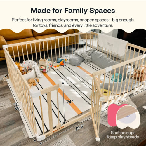 HARPPA Wooden Baby Gate Playpen | Non-Toxic Foldable DIY Adjustable Play Yard for Infants & Toddlers – Natural Finish Baby Fence for Small & Large Spaces