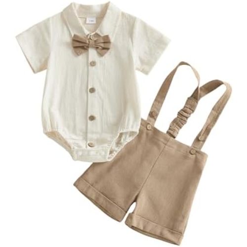 PUHHAPIEY Infant Baby Boy Gentleman Outfit Short Sleeve Bowtie Button Romper+Suspender Overalls Shorts Set Wedding Set Formal