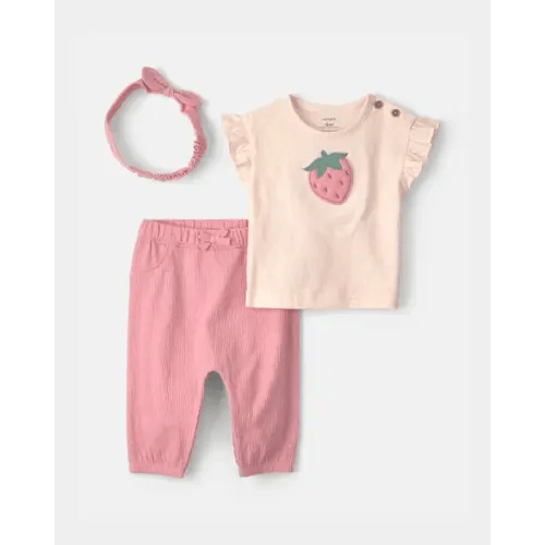 Baby Girl 3-Piece Strawberry Top & Pant Set - Pink | Carter's